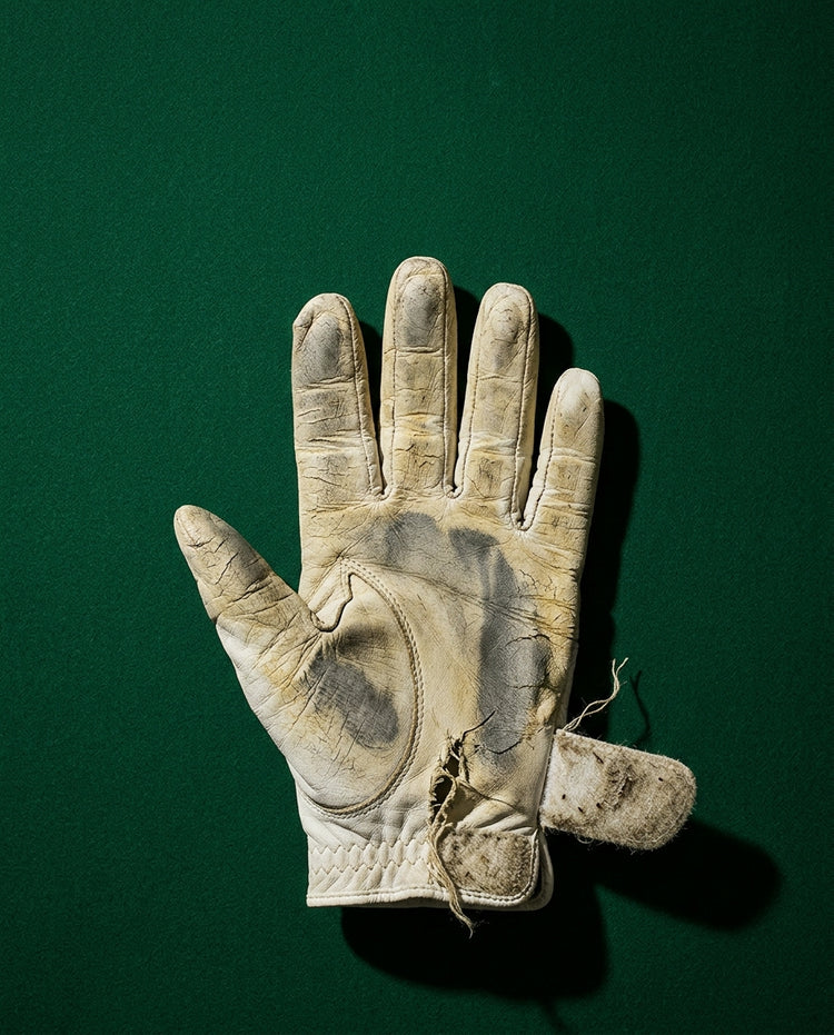 A worn-out, torn white leather golf glove on a green background