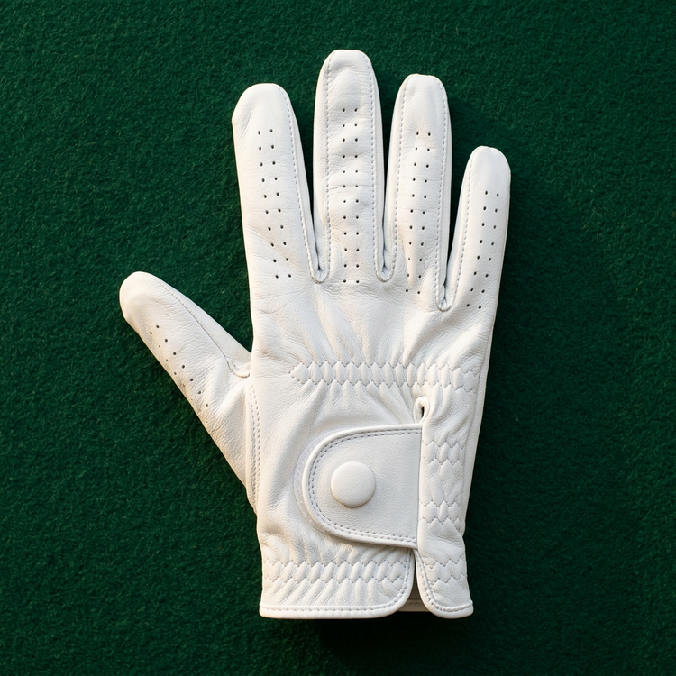 A new white leather golf glove lying flat on dark green felt in early morning light