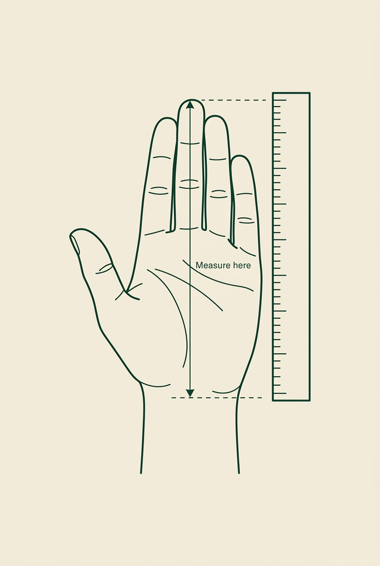 An open hand, palm up, next to a ruler, measured from the wrist crease to the tip of the middle finger